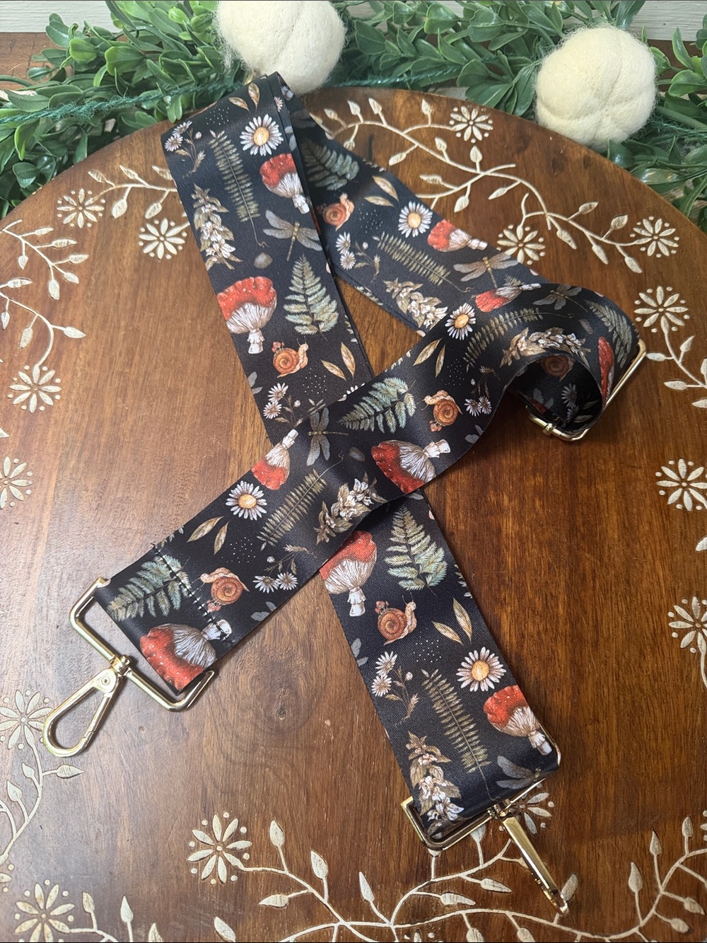 Adjustable Black Floral & Mushroom Crossbody Strap NWOT